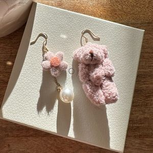 Pink fluffy Dangle Bear and Flower Earrings
